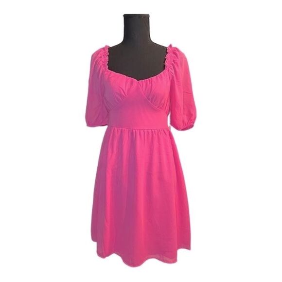 Jessica Simpson Hot Pink Puff-Sleeve Mini Dress NWT | Fall Date-Night Ready | Si - Picture 1 of 11
